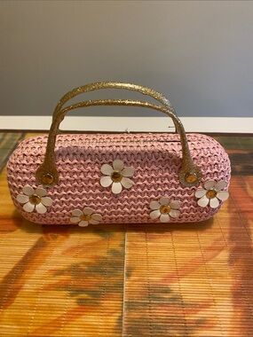 Pink Floral Mini Straw Bag with Gold Handles